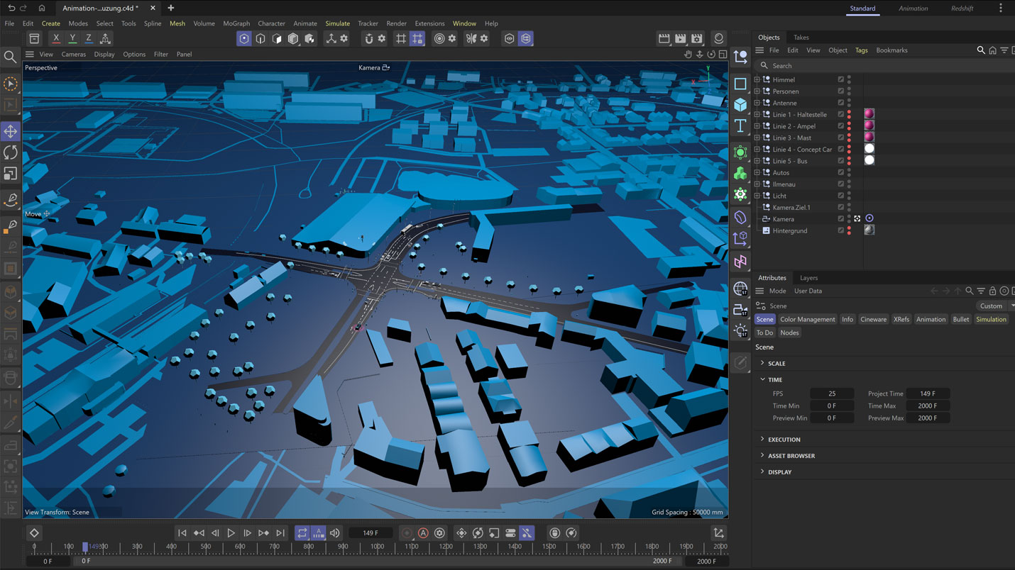3D-Modell der Innenstadt und Kreuzung in Ilmenau in Cinema 4D