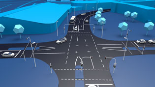 3D-Animation Sensortechnik Smart-City - Kreuzung in 3D abgeleitet von realer Situation