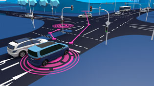 3D-Animation Sensortechnik Smart-City - Testfahrzeug nähert sich einer Ampelanlage