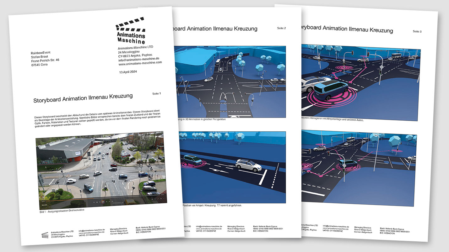 Auszug aus dem Storyboard zur 3D-Animation für autonomes Fahren