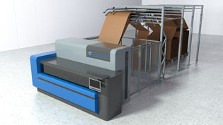 Visualisierung 3D Animation Verpackungsmaschine - Kartonschneidemaschine - Gesamtansicht der Anlage mit Wellpappe auf Paletten