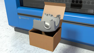 Visualisierung 3D Animation Verpackungsmaschine - Kartonschneidemaschine - Produkt wird verpackt