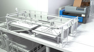 Visualisierung 3D Animation Verpackungsmaschine - Kartonschneidemaschine - Schneidemaschine als Teil der Produktionslinie