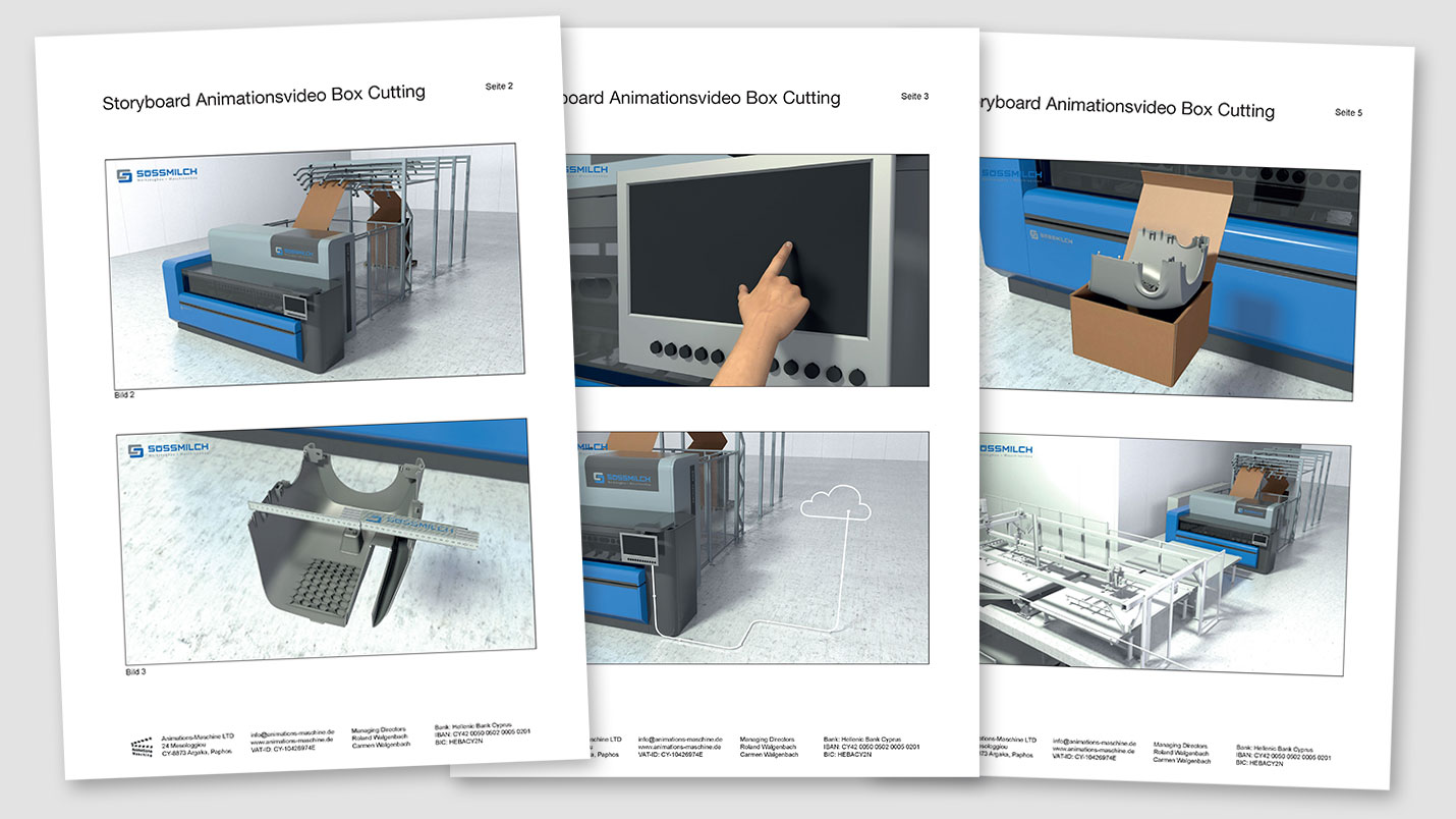 Beispiel Storyboard für eine 3D Animation einer Verpackungsmaschine