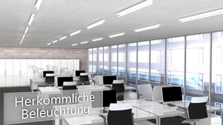 Visualisierung 3D Animation LED Lampen Umrüstung - Büroraum mit herkömmlichen Leuchtstoffröhren