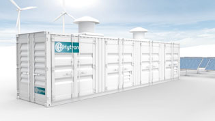 Visualisierung 3D Animation Wasserstoffproduktionsanlage - Seecontainer vor Windräder und Solaranlage