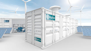 Visualisierung 3D Animation Wasserstoffproduktionsanlage - Gesamtansicht mit zweitem 40 Fuß Seecontainer