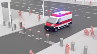 3D-Animationsvideo Pollersteuerung - Krankenwagen wird über BOS-Funk für Rettungsdienste erkannt