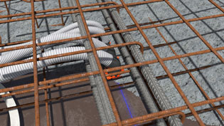3D Animation Gebäudeinstallation - Tülle und Krümmer im Beton und Bewehrung
