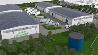 3D Visualisierung - Industriehalle für Wasserstoff mit Solaranlage auf dem Dach