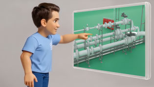 Visualisierung 3D Erklärvideo mit KI generierter Comic-Figur - Zeigt am Monitor etwas