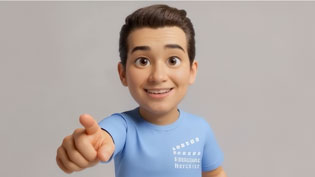 Visualisierung 3D Erklärvideo mit KI generierter Comic-Figur - Aufforderung mit Zeigefinger