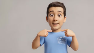 Visualisierung 3D Erklärvideo mit KI generierter Comic-Figur - Zeigt auf sich selber
