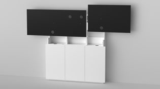 Technische Montageanleitung Montagebild - Displayboard wird auf Medienmöbel montiert