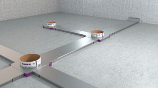 Visualisierung 3D Montagebild Bodenkanal für Elektroinstallation - Gesamtes Unterflursystem bestehend aus Kanälen und Dosen