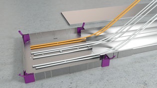 Visualisierung 3D Montagebild Bodenkanal für Elektroinstallation - Elektrokabel und Netzwerkkabel werden eingelegt