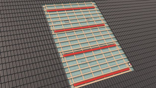3D Montagebild Indach Solaranlage - Wichtige Dachlatten werden hervorgehoben