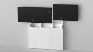 Visualisierung 3D Animation Aufbauanleitung Medienmöbel - Displayhalterung wird montiert