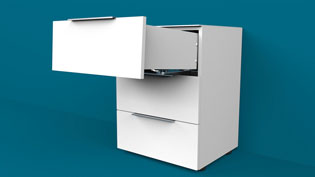 Visualisierung 3D Animation Büromöbel - Schublade wird in Kommode eingesetzt