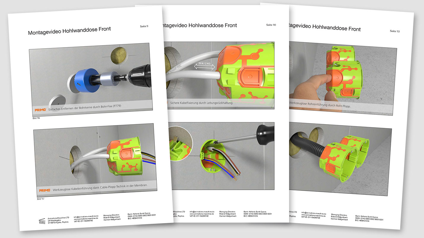 Beispiel Storyboard für ein 3D Montagevideo einer Elektroinstallationsdose Beispiel Storyboard für ein 3D Montagevideo einer Elektroinstallationsdose