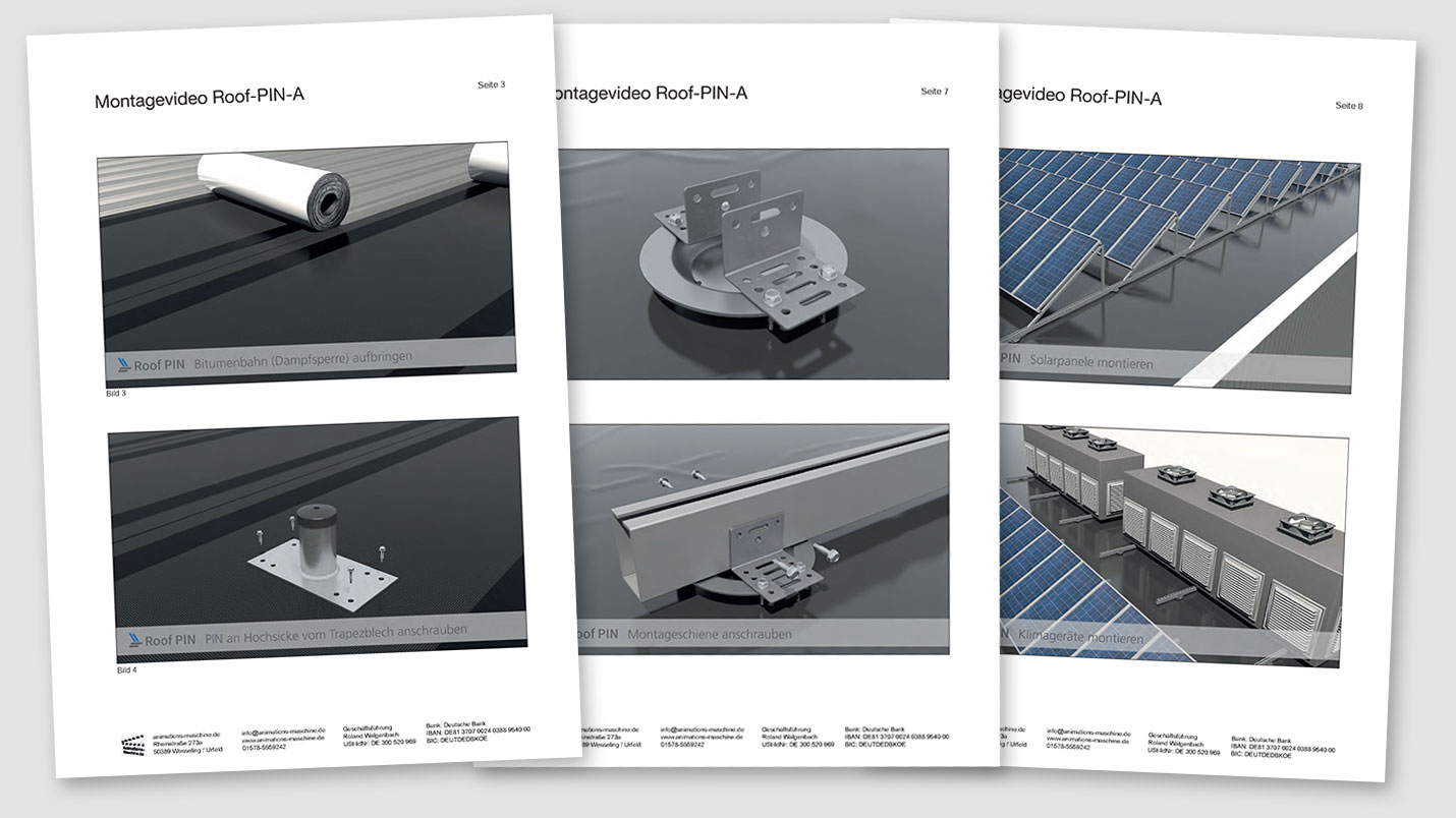 Beispiel Storyboard 3D Montagevideo Montagesystem für aufgeständerten Dachbau