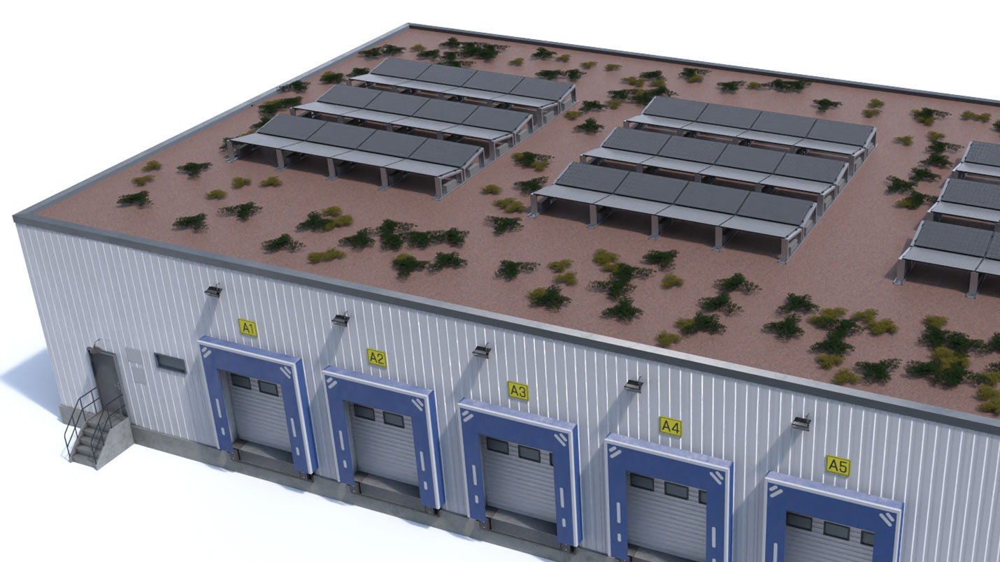 3D-Modell einer Solaranlage auf einem Industrie-Flachdach
