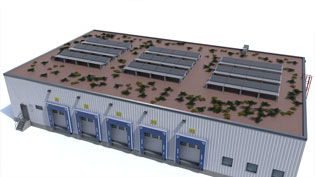 3D Montagebild Photovoltaik - Solaranlage auf begrüntem Flachdach