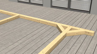 Visualisierung 3D Animation einer Terrassenüberdachung aus Holz - Montage der Holzpfosten