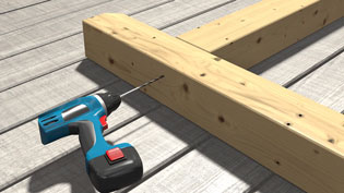 Visualisierung 3D Animation einer Terrassenüberdachung aus Holz - Holzbalken wird vorgebohrt