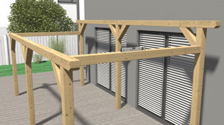 Visualisierung 3D Animation einer Terrassenüberdachung aus Holz - Ausrichten mit einer Wasserwaage