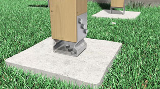 Visualisierung 3D Animation einer Terrassenüberdachung aus Holz - Pfostenschuhe und Betonfundament
