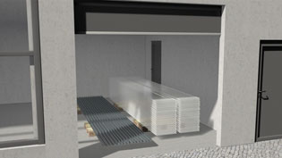Visualisierung 3D Animation Fassadensysteme - Lagerung Aluminiumprofile und Fassadenplatten