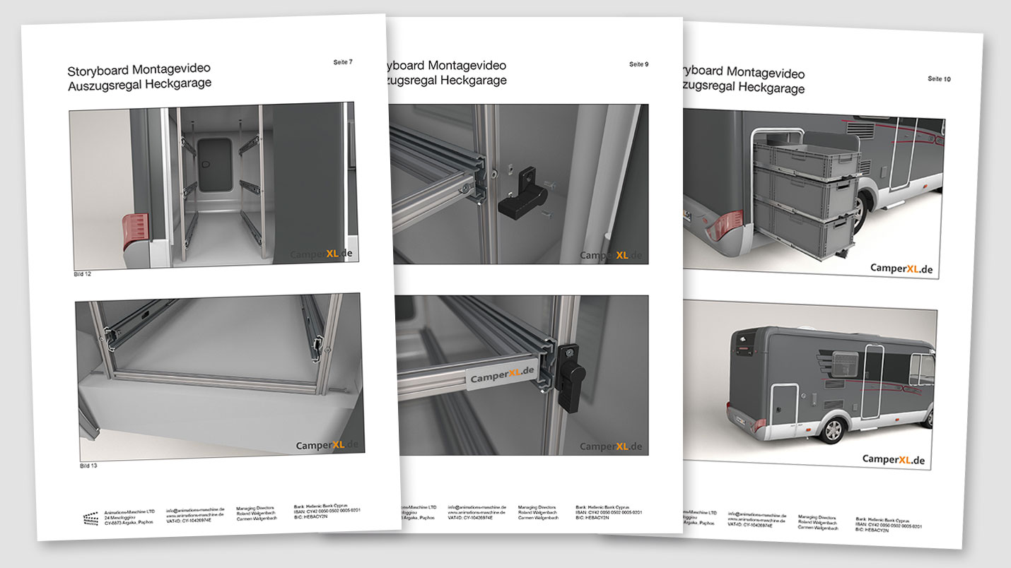 Beispiel Storyboard für ein 3D Montagevideo von Auszugsregale