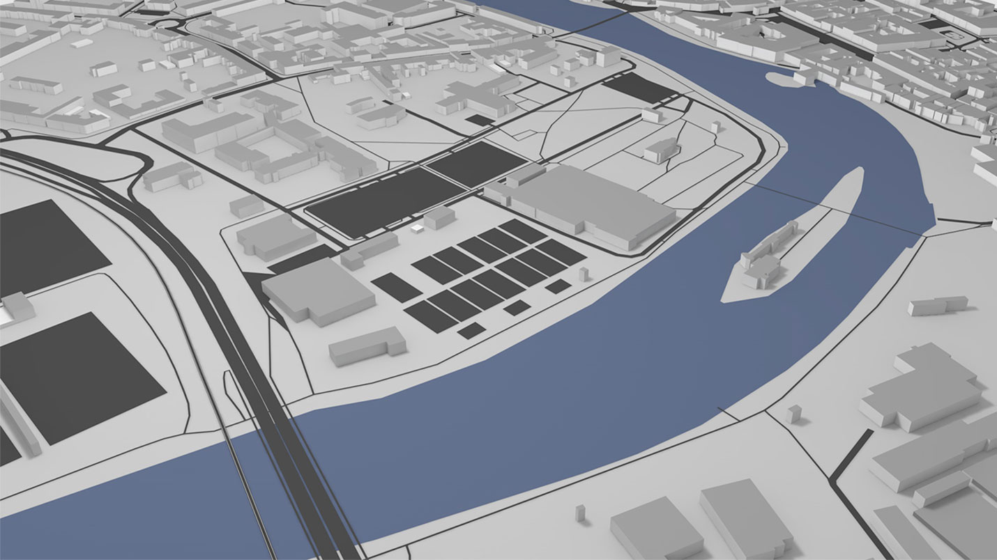 3D Modell einer Stadt in stilisierter Darstellung