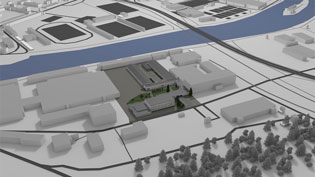 3D Visualisierung Produktionsstätte - Luftbild der Stadt am Fluss